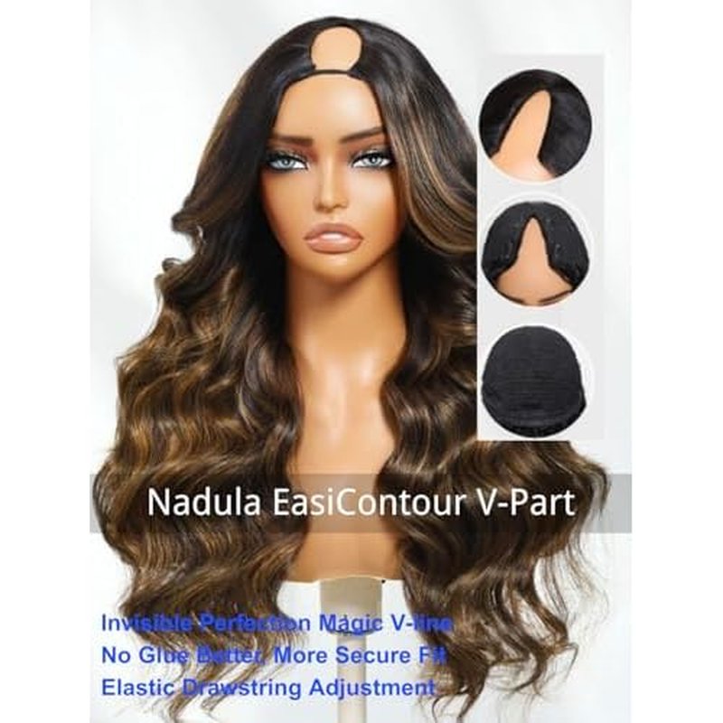 Nadula Balayage Ombre V Part Yaki Wavy Drawstring Wigs Human Hair No Leave Out Upgrade U Part Wig,Glueless Highlight V-part Wavy Wig with Flip Out Bangs Ready to Go Vpart Wig 150% Density 16inch