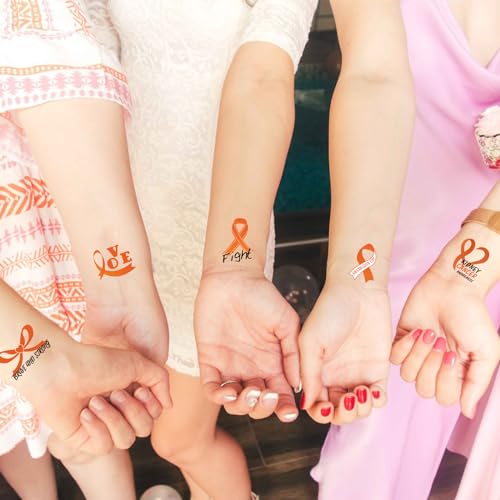 WANDIC 30 Sheets Orange Ribbon Temporary Tattoos, Leukemia Awareness Tattoo Sticker Lymphoma Kidney Cancer Awareness Stickers for Charity Eveny