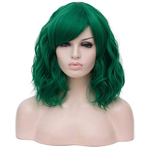 Mildiso Dark Green Wigs for Women Short Curly Wavy Bob Wig with Bangs Cute Synthetic Wig for Daily Party M073