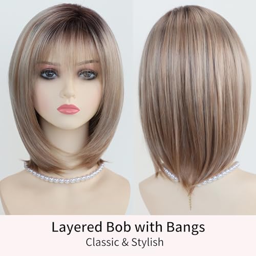 RENERSHOW Layered Blonde Bob Wigs for White Women with Bangs Straight Short Hair Wig Synthetic Ombre Blonde Highlight Bobo Haircuts 12inch Average Size Natural Daily Party Wig