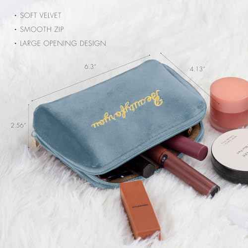 Velvet Makeup Bag, Portable Zipper Make Up Pouch, Cute Small Cosmetic Bag, Flannel Toiletry Bag, Travel Storage Bag Gifts for Women Girls(Blue)