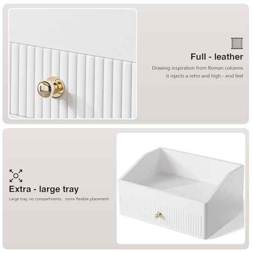 Makeup Organizer,Leather Skin Organizer with 1 Drawer&Tray,Luxury Beige White Makeup Storage for Perfume,Bedroom,Bathroom,Gifts for Women,Womens Gifts (White, 1-Drawer)