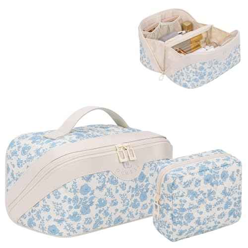 Travel Makeup Bag Organizer Cosmetic Bag, 2Pcs Floral Make up Bag Portable Pouch Open Flat Pouch Clear Divider and Handle