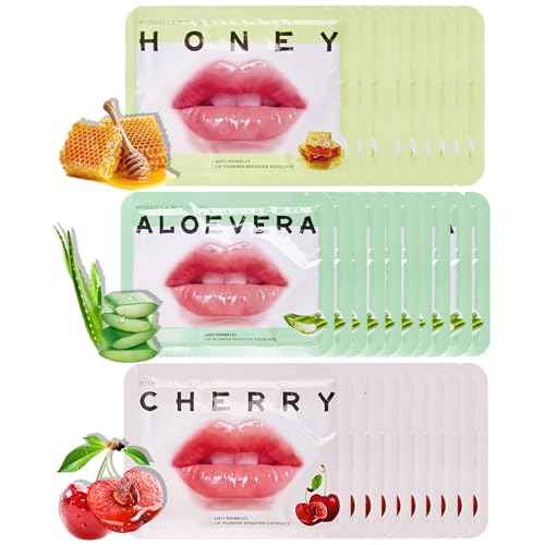 30 Pcs Collagen Crystal Lip Masks, Honey & Cherry & Aloevera Lip Care Gel Pads Treatment, Moisturizing & Reducing Chapped, Anti-Aging & Wrinkles Lip Patches, Remove Dead Skin