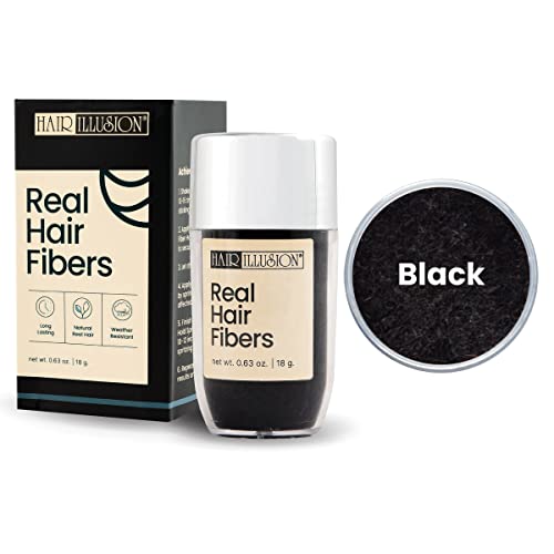 Hair Illusion Black Real Fibers and Holding Spray for Women & Men - Natural Texture, Non-Synthetic Cover Up for Thinning Hair and Bald Spots - 18 Gram