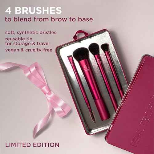Real Techniques Blend, Set + Stash 5 Piece Holiday Makeup Brush Set with Storage Tin, Face & Eye Brushes for Foundation, Powder, Brows & Eyeshadow, Gift for Her, Cruelty-Free & Vegan