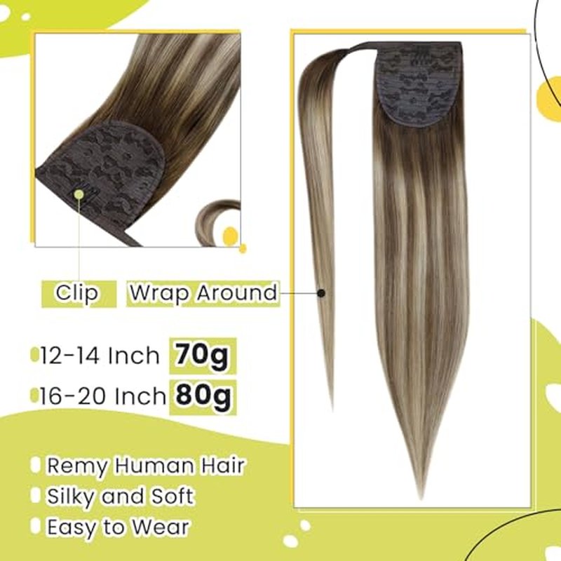 RUNATURE Human Hair Ponytail, Wrap Around Clip in Ponytail Extension Human Hair, Balayage Real Pony Tails Hair Extensions, 18 Inch 80g #3/8/22 Walnut Brown to Light Brown with Light Blonde