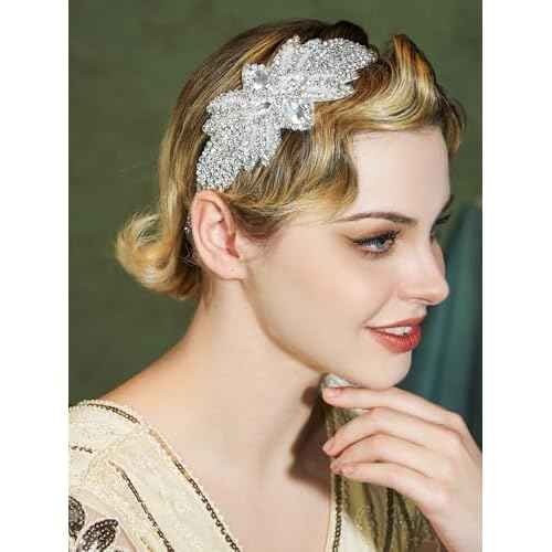 SWEETV 1920s Flapper Headpiece for Women, Rhienstone Roaring 20's Headband Great Gatsby Flapper Hair Accessory for Women,Silver