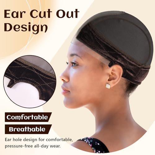 Lace Wig Cap for Women Non Slip, Glueless Wig Grip Cap with 4x5 Transparent Swiss Lace Front, Adjustable Wig Cap with Velvet Grip Band (Brown)