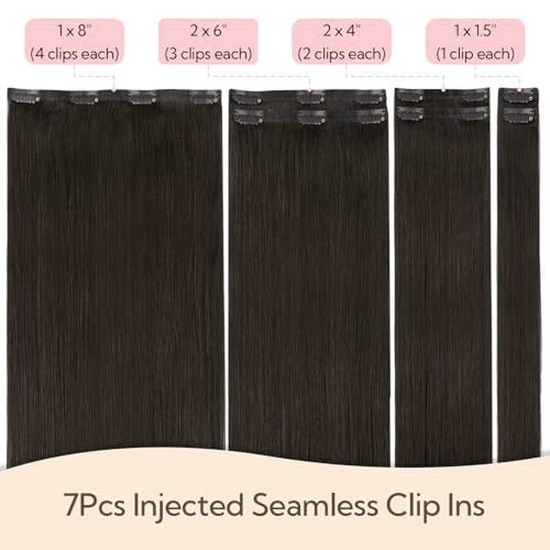 HOTBANANA Invisi Edge Clip in Hair Extensions, 16inch 130g Injected Seamless Clip in Extensions 7Pcs Dark Brown Real Human Hair PU Hair Extensions