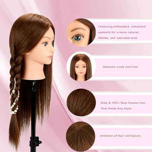 Beauty Star Mannequin Head with 100% Real Human Hair -18inch Doll Styling Head for Braiding Practice & Cosmetology Training, Updos, Manikin Head Includes Clamp Stand£¨Dark Brown Hair and Blue Eyes)