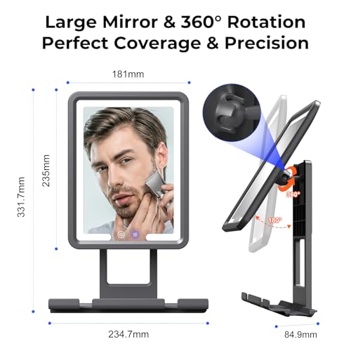 Rocollos Heated Fogless Shower Mirror, 360 Rotation, 3 Color Lighted, Rechargeable, Anti-Fog, Black, 13"L x 9"W