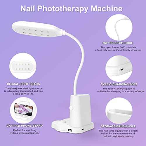 Saviland Goose Neck U V Nail Lamp: Flash Cure LED Nail Lamp 360¡Æ Rotatable Hands-Free 2-in-1 Gel Polish Curing Nail Lights with Nail Brush Holder Nail Art Nail Salon Manicure Home DIY