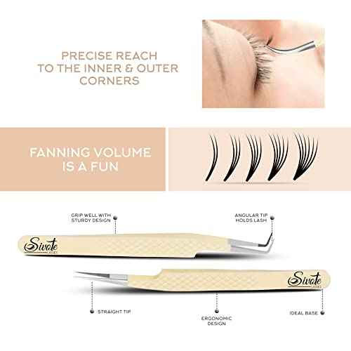SIVOTE Fiber Tips Lash Tweezers for Eyelash Extensions, Set of 4, Curved, Dolphin, 90 Degree & 45 Degree Tweezer, Vanilla