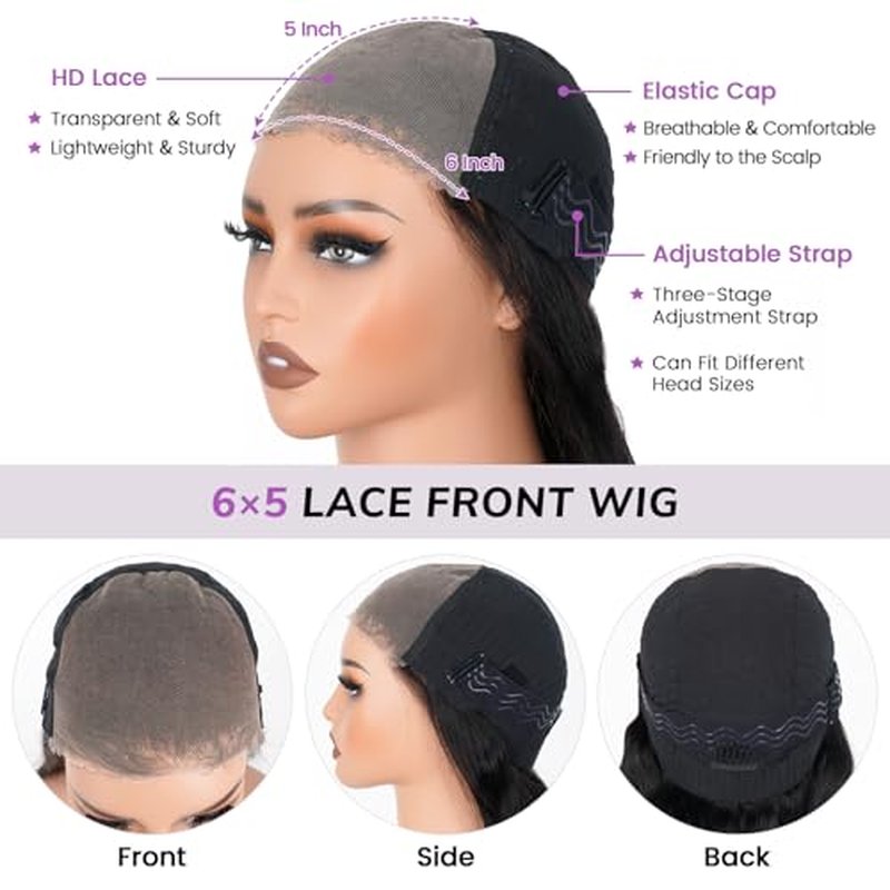 6x5 Lace Front Wig Human Hair Wig for Women 210% Density Body Wave Wear and Go Glueless Wigs Pre Plucked Pre Cut Lace Wigs Pre Bleached Tiny Knots Wig 24 Inch