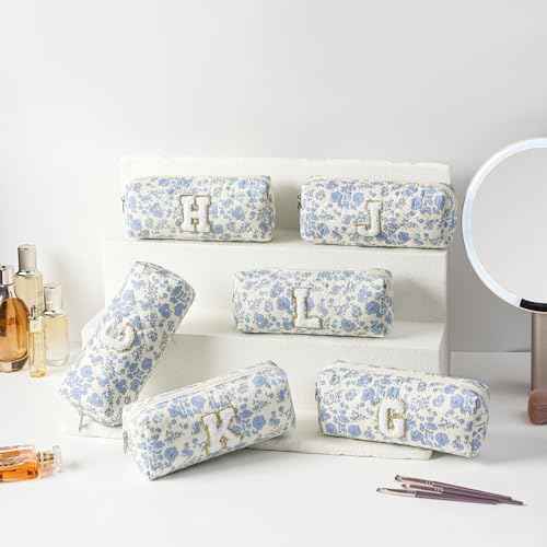 JOVAKIT Small Alphabet Makeup Bag Cosmetic Bag for Women, Christmas Gifts for Girls, Floral Flowers Coquette Travel Toiletry Bag, Zipper Make Up Pouch Organizer Bag Trendy Stuff (Blue Floral K)