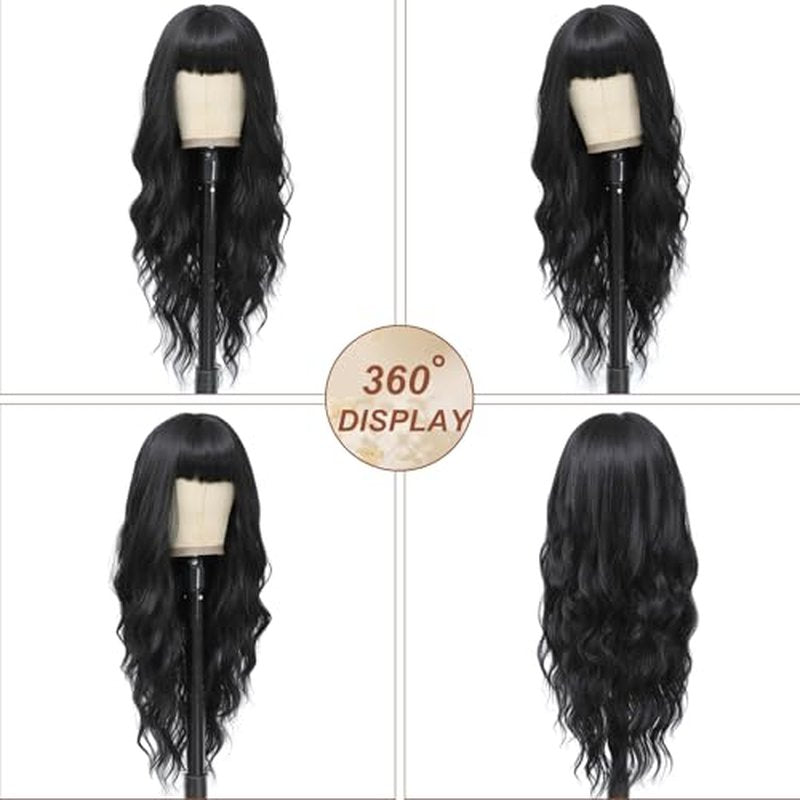 Black Wig with Bangs for Women Long Black Wavy Wigs 26 Inch Natural Black Wigs Natural Looking Heat Resistant Synthetic Wig for Daily Party Use