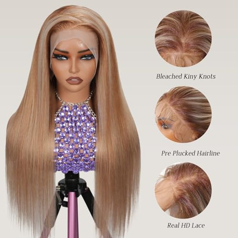 13X6 Ombre Chocolate Brown Lace Front Wigs Human Hair Highlighted Ash Blonde Mixed Brown HD Transparent 180% Density Lace Frontal Wig Natural Hair with Baby Hair 22"
