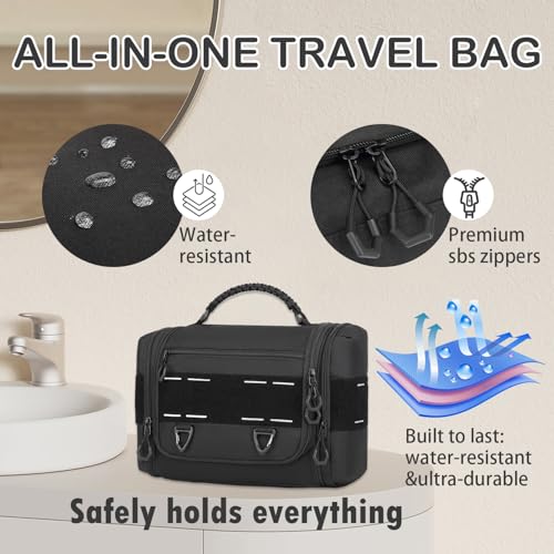 Toiletry Bag for Men - Tactical Hanging Toiletry Travel Bag Shower Bathroom Organizer for Cosmetics/Shaving/Traveling Toiletries Kit, Portable Case with Handle & Swivel Hook, Black