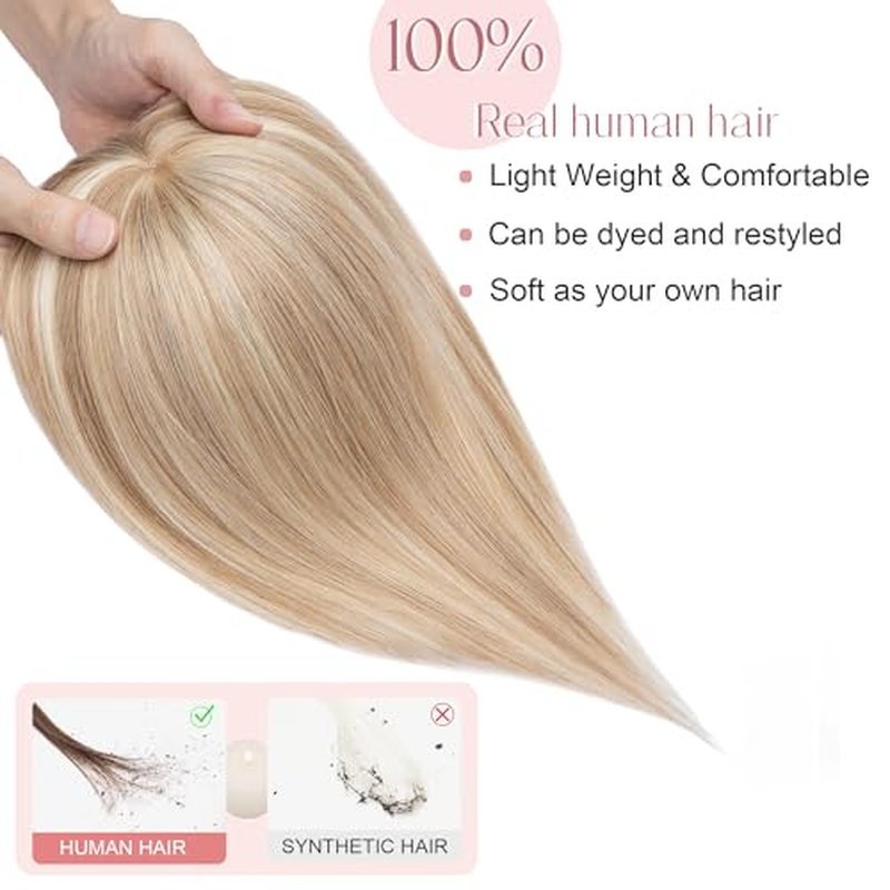 SEGO Hair Toppers for Women Real Human Hair with Bangs Mono Base 14 Inch Clip In Bangs Wiglets Topper Hairpieces for Women with Thinninghair -12P613 Golden Brown&Bleach Blonde