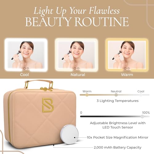 BAREZ Premium PU Leather Makeup Bag With LED Mirror - 3 Brightness Mirror Light Settings - Adjustable Dividers - Removable Mirror Waterproof Cosmetic Travel Bag (Nude)