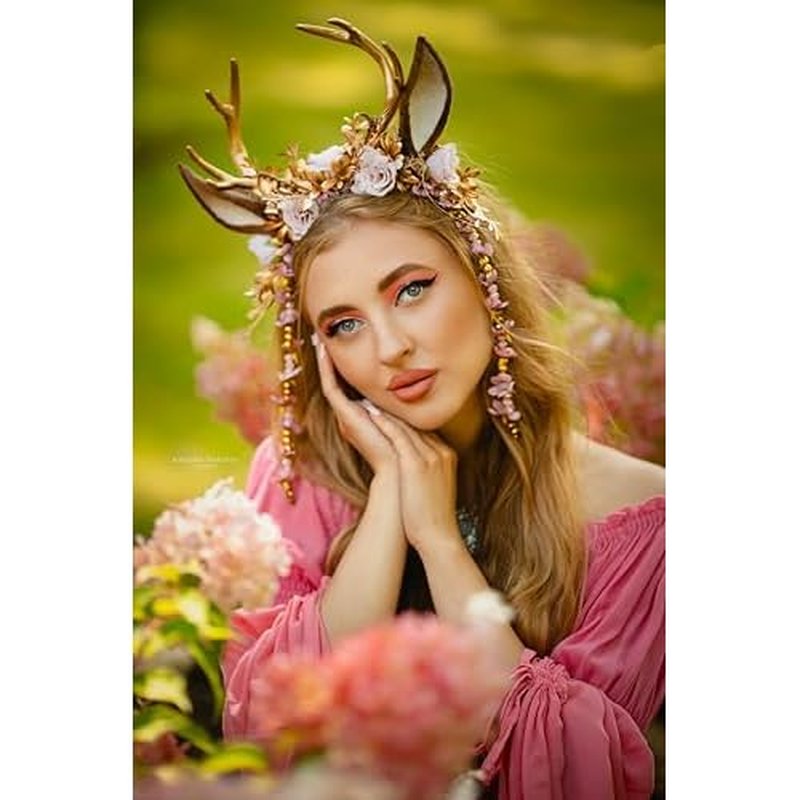 MOSTORY Handmade Gold Flower Antler Headband - Woodland Floral Reindeer Headpiece with Deer Ears Forest Fairy Hairband for Women Girls Renaissance Halloween Cosplay Party Prom Photo Props Pink Rose