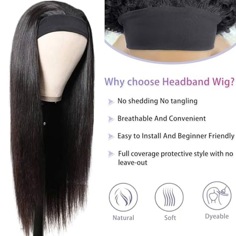 Headband Wig Straight Human Hair Wigs for Black Women Glueless None Lace Front Human Hair Headband Wig Brazilian Virgin Hair Wigs Human Hair 150% Density 24 Inch
