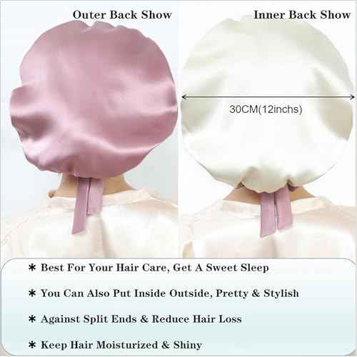 Cocheng 100% Mulberry Silk Bonnet Double-Sided Sleep Cap with Adjustable Ribbon 19 Momme Silk Bonnet for Sleeping (Bean Pink)