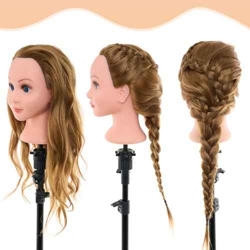 24Inch 80% Real Hair Mannequin Head - Doll head for hair Styling, Cosmetology Mannequin Head with Hair for Braiding Curling,Cuting with Table Clamp Styling Set (Blonde)