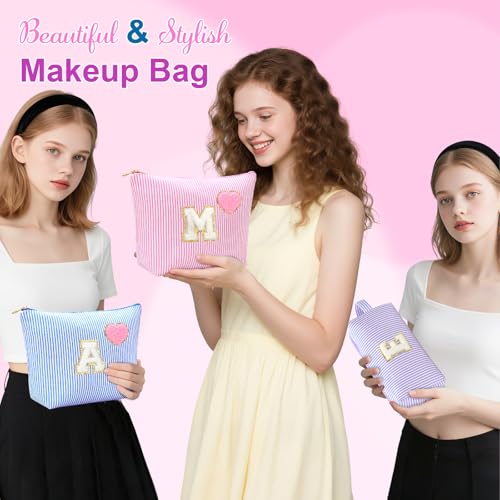 Initial Makeup Bag Personalized Preppy Cosmetic Bag Trendy Toiletry Travel Bag For Teen Girls Kids Women Letter Makeup Pouch Purse Holiday Gifts Birthday Christmas Gifts 2pack (A, Blue)