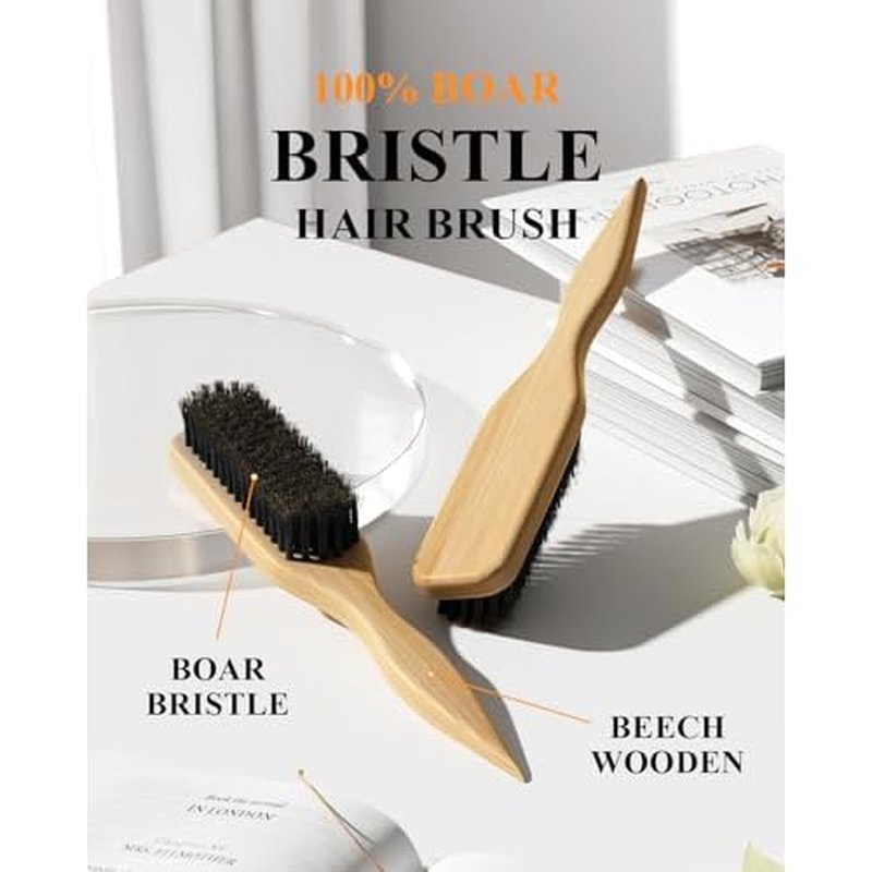 Boar Bristle Slick Back Hair Brush - Smooths Flyaways, Tames Frizz, Styles Edges, Sleeks Ponytails, Buns - Teasing Smoothing Brush for Women & Men Fine/Medium Hair, Styling Accessories for Girls, Kids
