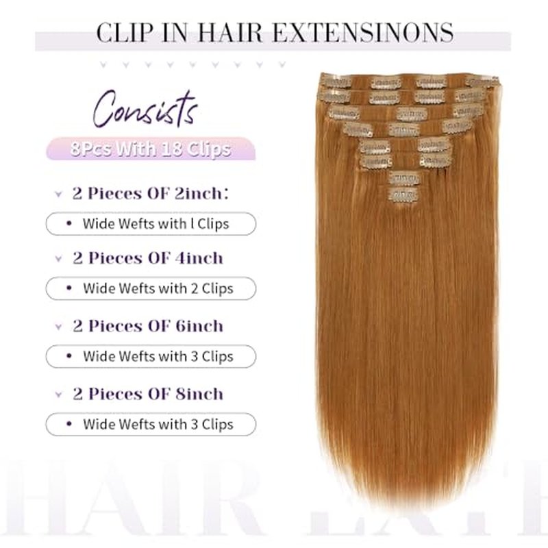 Remy Hair Extensions clip ins Hair Etensions for Women #30 Light GInger Brown Double Weft Natural Hair Extensions Straight 8Pcs Soft and Thick 24inch 110g