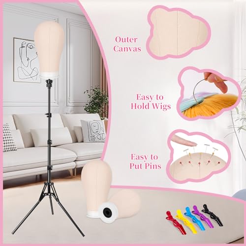 63In Wig Stand Tripod with 22In Head, Canvas Wig Head Stand with Mannequin Head for Wigs Manikin Head Block Set for Wigs Making Display