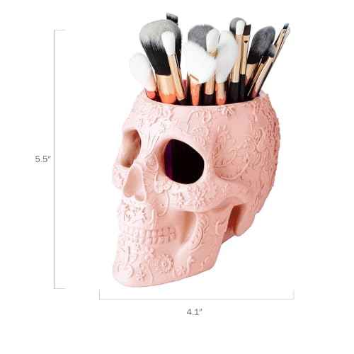 Skull Makeup Brush Holder, Pen Holder, Vanity, Desk, Office Organizer, Stationary, Decor Planter, Candy Bowl, Goth Decorations, Extra Large, Skulls Gothic Skull & Bones Organizer Bathroom (Cloud Pink)