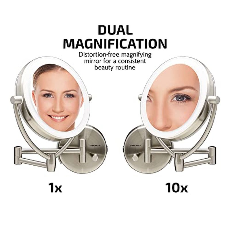 Ovente 7.5" Lighted Wall Mount Makeup Mirror, 1X & 10X Magnifier, Spinning Double Sided Round LED w/ Dimmer Switch, Extend, Retractable & Folding Arm, Battery USB Powered Nickel Brushed MLW75BR1X10X