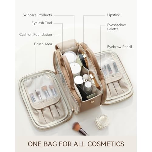 Prite Makeup Bag for Women, Large Capacity Waterproof Travel Cosmetic Organizer, Portable Open Flat Toiletry Bag with Free-standing Brush Holder and Handle(Beige Brown Large)