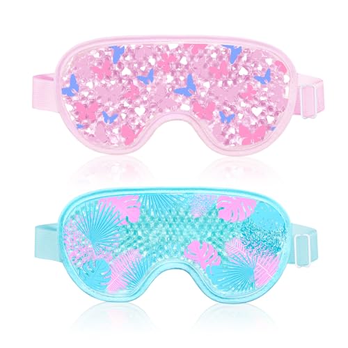 2PCS Cooling Eye Mask Gel Eye Mask, Reusable Hot Cold Therapy cold eye mask for Post Surgery, Puffiness, Dark Circles, Eye Bags, Dry Eyes, Migraines with Soft Plush Backing (Butterfly+Leaves)