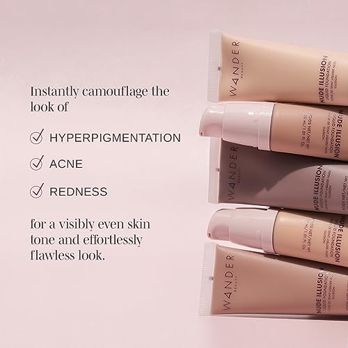 Wander Beauty Nude Illusion Liquid Foundation - Tan - Medium to Full Coverage Foundation - Natural Makeup with Vitamin E & Macadamia - Nude Skin Finish Blurs & Conceals - Travel-Friendly - 1.01 fl oz