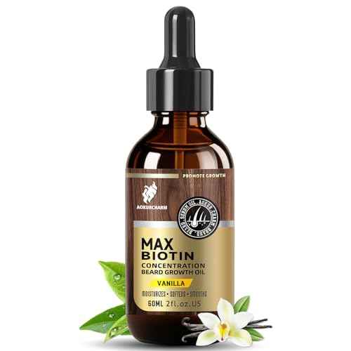 Biotin Beard Growth Oil for Men - Vitamin B5 & Castor Oil Formula, Promote Thicker Fuller Beard, Daily Care, Styling & Taming, Hydrating, Lightweight Non-Greasy, Vanilla 2oz Gift for Him