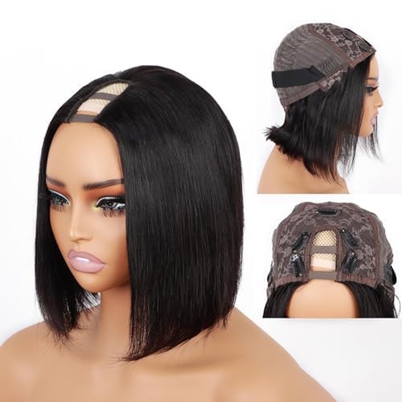 U Part Wig Human Hair - 12A Straight Bobo Wig, 180% Density | Beginner Friendly, 8-Inch, No Glue, Clip-In