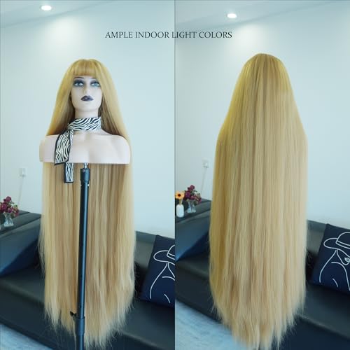 48 Inches Surper Long Straight Wig for Women Flat Bangs Soft Yaki Kinky Wigs for Daily Party Halloween Christmas Cosplay Wig Synthetic Hair Strawberry Blonde 120CM