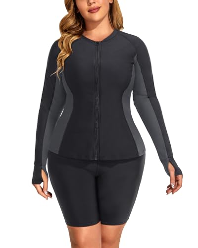 Daci Women Black 2 Piece Plus Size Long Sleeve Rash Guard Zip Front Athletic Bottom Tankini Swimsuits UPF 50 22 Plus
