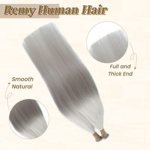 I Tip Hair Extensions Platinum Sliver Human Hair I Tip 100% Real Human Hair Extensions Sliver Silky Straight Extensions I Tips Human Hair Extensions for Women Invisible Cold Fusion Hair