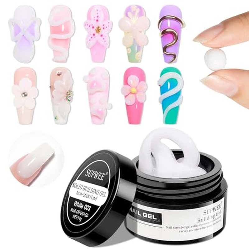 Solid Sculpture Builder Gel, 3D Nail Gel White Non-Stick Hand Nail Extension Gel for Carving Patterns Decoration Nail Art Emboss Hard Gel for Nails Mnicure DIY at Home 14g(0.49 oz)