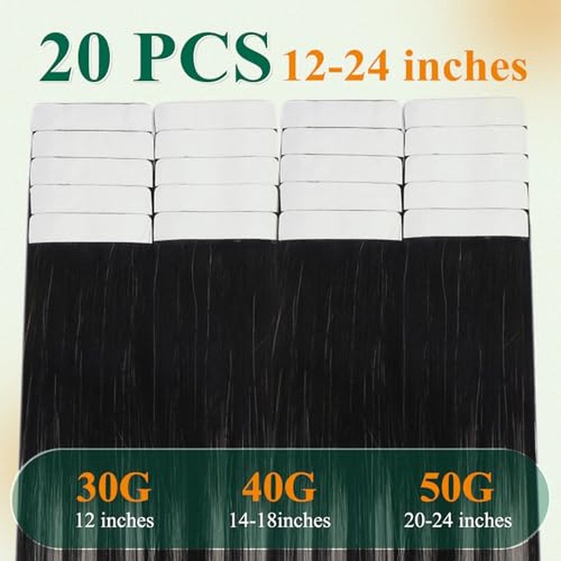 Easyouth 24 Inch Tape in Hair Extensions Human Hair Ombre Human Hair Tape in Extensions Off Black Fading to Silver Mixed Natural Black Hair Extension Tapes in 50g 20pcs