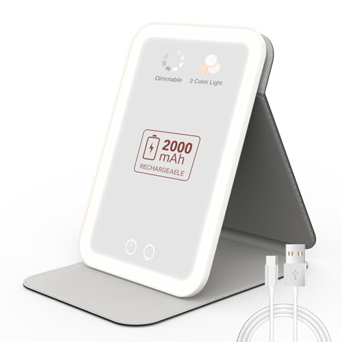 EASEHOLD Rechargeable Travel Makeup Mirror, Portable Folding Lighted Makeup Mirror, 3 Colors Lighting, Dimmable Touch Screen, Compact Vanity Mirror with 72 LEDs, Gifts for Women