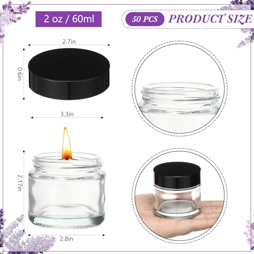 50 Pcs 2 oz Clear Glass Jars with Black Lids Leakproof Round Airtight Jars Empty Cosmetic Jars with Inner Liners Lid for Candle Making Storing Lotions Spice Powder Liquid Sample Makeup (Black,clear)