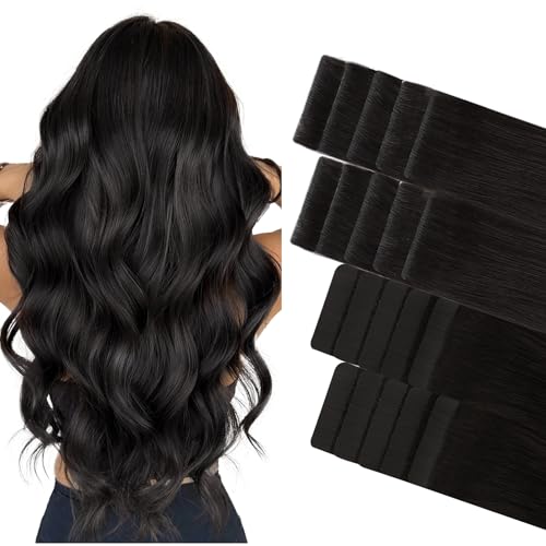 GOO GOO Invisi Edge Tape in Hair Extensions Human Hair, 1B Natural black 10pcs injected with 10pcs classical tape ins, 18inch 50g, Virgin Remy Hair, Natural Look