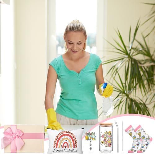 Skylety 5 Pcs Christmas School Custodian Gifts for Women 16 oz Glass Cup Socks Cosmetic Bag Badge Holder School Custodian Appreciation Gift Box for Thank You Janitor Staff Cleaning Lady