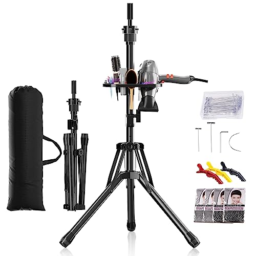 ?? Wig Head Stand Tripod - Reinforced Mannequin Stand, Adjustable Height 31" - 57" Wig Stand for Styling, Cosmetology Hairdressing Training with Wig Caps, T-Pins Hair Clips